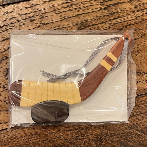 6 NEW! Hockey Stick Double-sided Wood Intarsia Christmas Tree Ornament SET OF 6 - Picture 2 of 5